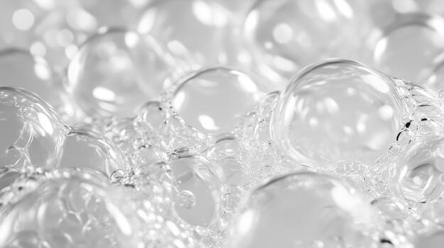 Close-up of transparent bubbles on a white background, creating a refreshing and clean aesthetic. photo