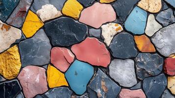 Colorful stone mosaic pattern on a surface, showcasing a vibrant mix of textures and hues. photo