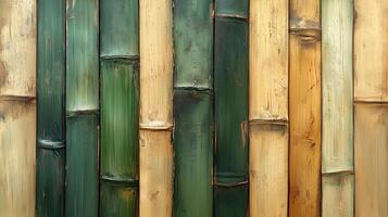 Close-up view of assorted bamboo stalks in various shades of green and yellow on a textured background. photo