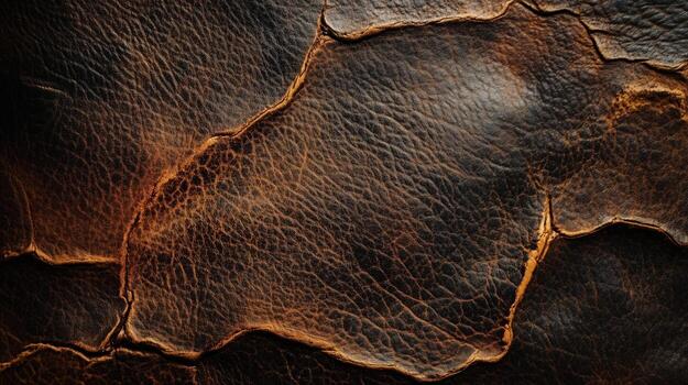 Close-up of textured brown leather with natural cracks and creases on a dark background. photo