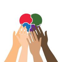 four Hands Holding love puzzle in Unity Illustration, Together we belong text suitable for diversity background , vector