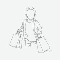 Continuous single one line drawing of little boy holding many shopping bags. Enjoying shopping. Editable line illustration. vector