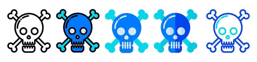 Danger alert icon, skull illustration in line, flat, and filled styles. Suitable for alert, warning, caution, danger, poison, death and risk symbols. vector