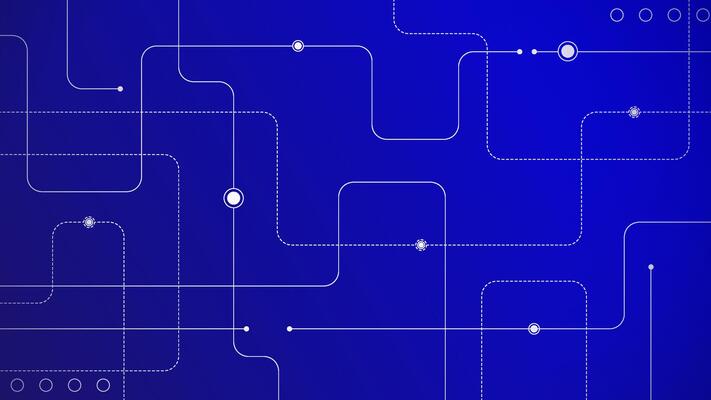 Digital electronic circuit board with dark blue background, illustration of modern PCB technology suitable for presentations, banner about internet, electronic devices, computers, and data transfer.