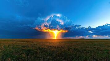A lightning bolt is seen in the sky over a field photo