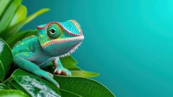 A colorful chameleon lizard on a green leaf photo