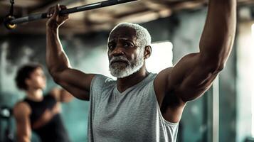Senior Man Lifting Weights, Working Out in Gym photo