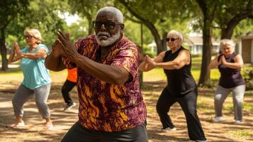 Senior Man Leads Tai Chi Class in the Park photo