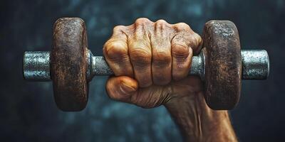 Close-up of a Hand Gripping a Rusted Dumbbell photo