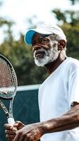 Senior Tennis Player Holding His Racket in a Thoughtful Pose photo