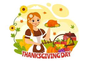 Thanksgiving Illustration with Turkey, Cornucopia, and Fall Leaves in a Flat Style Cartoon Background vector