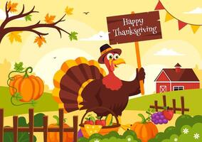 Happy Thanksgiving Illustration with Pumpkin, Cornucopia, and Autumn Leaves in a Flat Style Cartoon Background vector