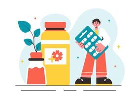 Holistic Healing and Herbal Therapies with Ginseng Root, Essential Oils, and Seeds in Flat Design vector