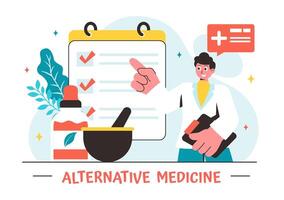 Illustration of Natural Herbal Remedies Featuring Ginseng, Essential Oils, and Seeds in a Flat Style Background vector