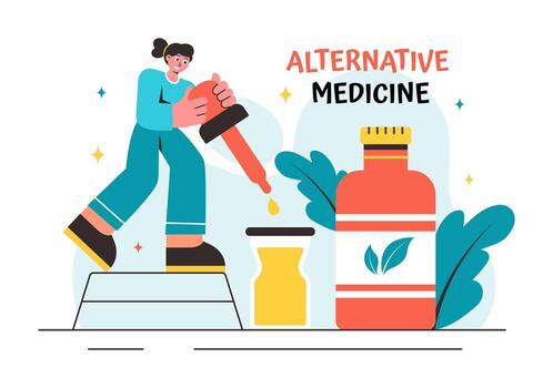 Herbal Remedies for Wellness Featuring Ginseng Root, Essential Oils, and Seeds in a Flat Style vector