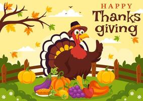 Thanksgiving Feast Illustration with Turkey, Pumpkin, Corn, and Other Harvest Elements in a Flat Style Cartoon Background vector
