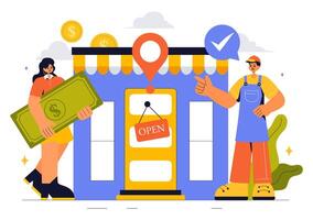 Flat Style Small Business Illustration Highlighting Various Ventures, Including Local Stores and Food Trucks vector