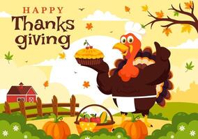 Flat Style Illustration of Thanksgiving Day with Turkey, Pumpkin Pie, and Autumn Decorations vector