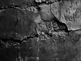 Cracked black and grey wall with holes. Distressed urban texture background concept. photo