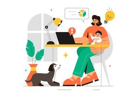 Mom Working from Home with Kids in a Multitasking Cartoon Background Illustration vector