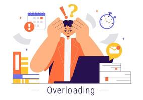 Overloaded Office Worker Illustration Managing Many Documents and Digital Work in Flat Style vector