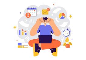 Stressed Employee Handling Multiple Tasks Illustration with Office Paperwork in Flat Style vector