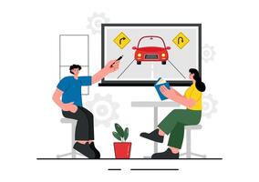 Car Driving Education Illustration with Student and Instructor Practicing for Driver's License Exam vector