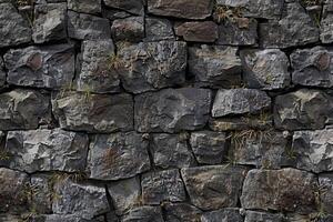 Close-up of a rock wall with various sized rocks. Natural stone texture background. photo