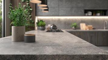 A kitchen counter with a potted plant and a vase on it photo