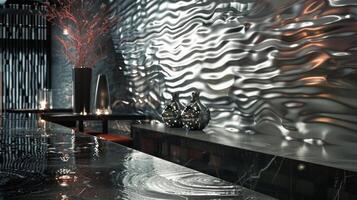 A silver wall with two vases on a shelf photo