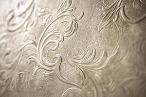Floral patterned tablecloth with white flowers. Table setting background for design projects. photo
