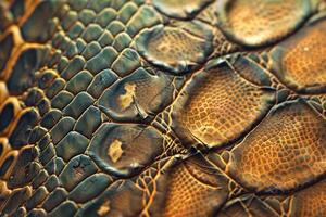 A close up of a snake's skin, with a brown and green color scheme photo