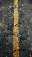 A cracked road with a yellow line photo
