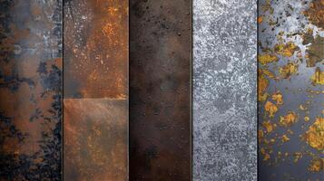 A row of metal surfaces with various textures and colors, including brown, black photo
