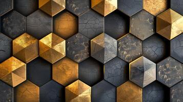 Black and yellow hexagon patterned wall. Geometric design concept. photo
