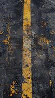 Yellow line on a cracked road. Simple background for design projects. photo