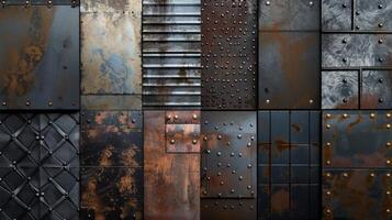 Metal surfaces with different textures and colors. Metallic background for design projects. photo