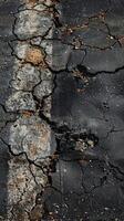 Cracked road with a yellow line. Distressed urban texture background concept. photo
