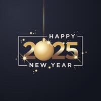 2025 Happy New Year square banner background. 2025 gold numbers with christmas balls falling and glow light effects vector