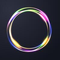 Glowing neon color frame sparkling ring with glitter on black background and blank space area. Suitable for badges, price tag, label vector