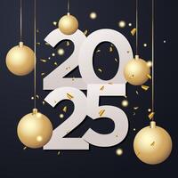 2025 Happy New Year square banner background. 2025 gold numbers with christmas balls falling and glow light effects vector