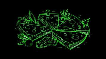 Neon frame effect, Cheese Wedge - Icon for dairy products or cheese platters on black background video