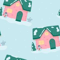 Seamless pattern of colorful houses and fir trees. vector