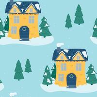 Seamless pattern of colorful houses and fir trees. vector