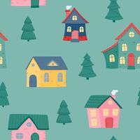 Seamless pattern of colorful houses and fir trees. vector