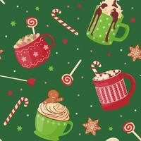 Seamless pattern. Festive cute mugs with hot cocoa, coffee, chocolate, whipped cream, marshmallows and sweets. vector