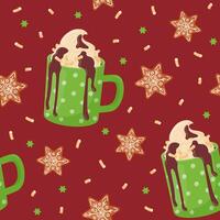 Seamless pattern. Cocoa with whipped cream, hot chocolate and marshmallows. Gingerbread. Cozy drink. vector
