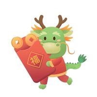 Chinese mythological dragon holding a red paper bag containing many gold coins, a symbol of wealth, translated as blessing in Chinese vector
