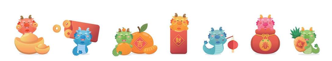Set of elements for Chinese or Taiwanese New Year, dragon and lantern with pineapple and ingot, Chinese translation means wealth vector