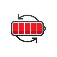 Battery with circular arrows indicating recharge in red color. vector